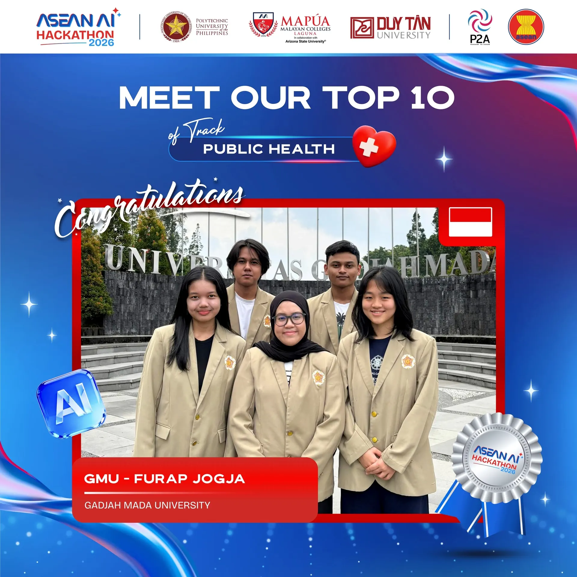 The ASEAN AI Hackathon 2026 announcement card for team GMU - FURAP JOGJA, top 10 of the public health track