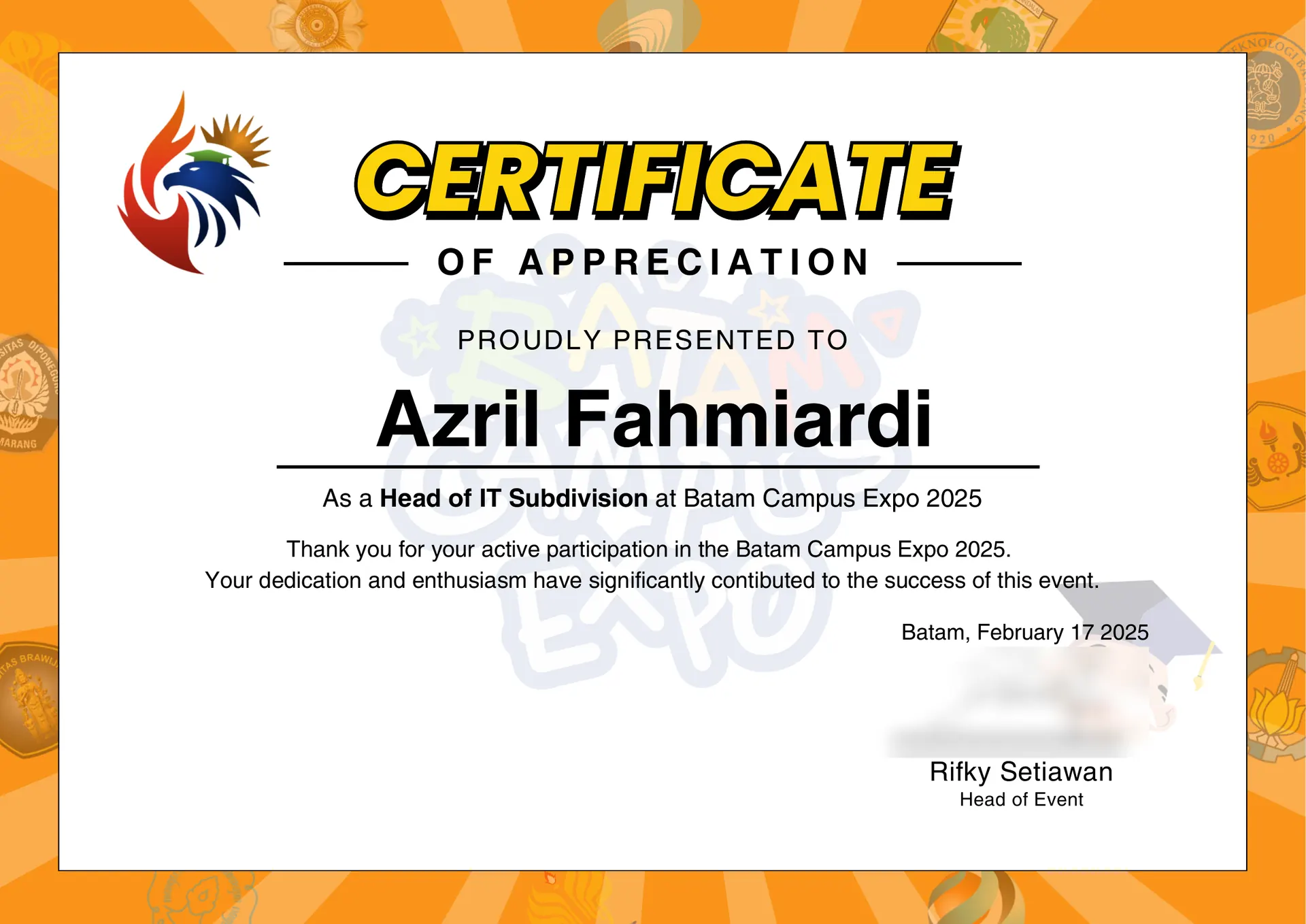 Batam Campus Expo 2025's certificate of appreciation for Azril as Head of IT Subdivision, its signature blurred