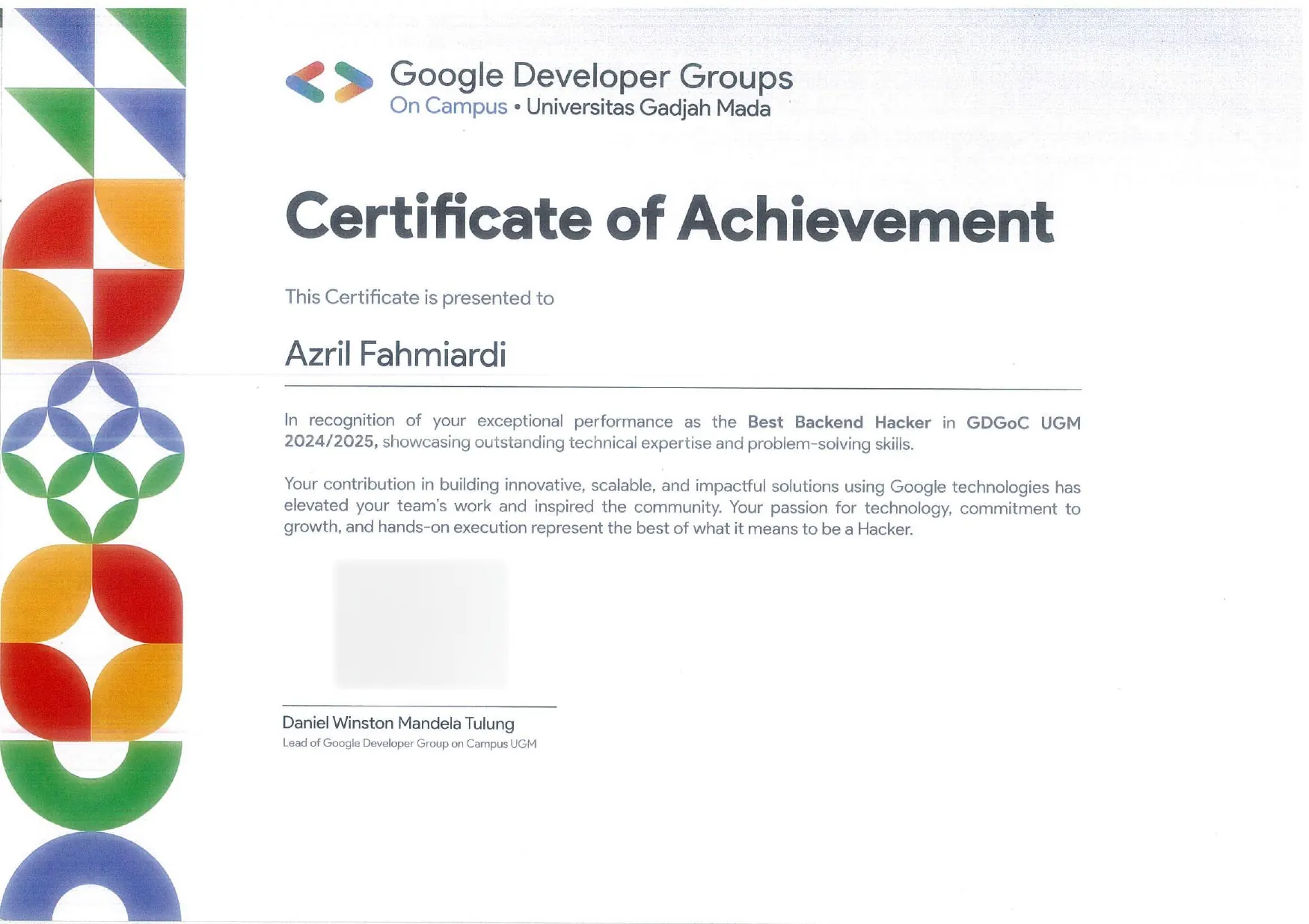 Azril's GDGoC UGM certificate of achievement as Best Backend Hacker 2024/2025, its signature blurred