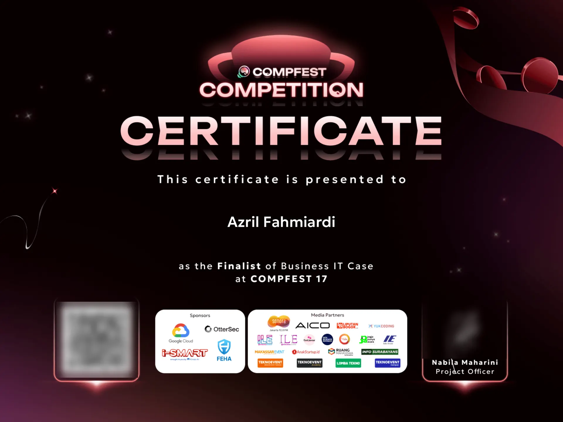 Azril's COMPFEST 17 certificate as a finalist of Business IT Case, its QR code and signature blurred