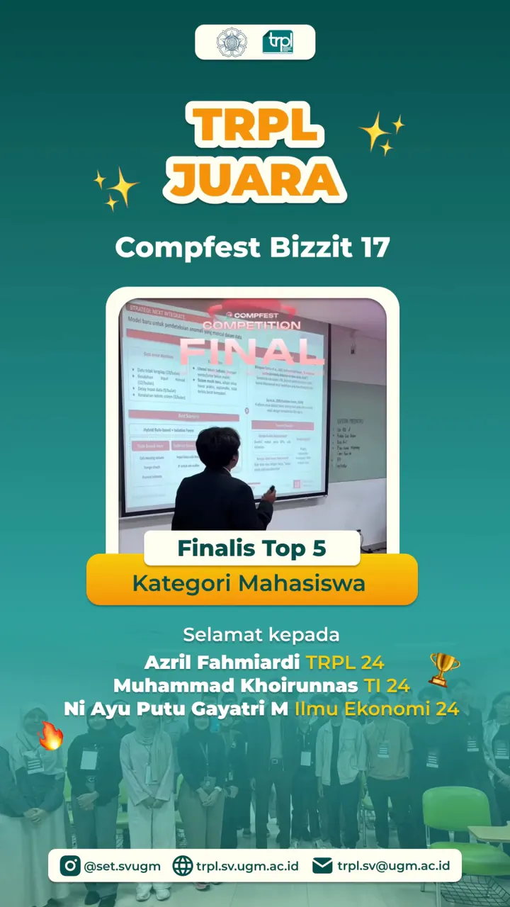 The TRPL UGM story congratulating Azril and his team as top 5 finalists of COMPFEST BizzIT 17, with a photo of the final pitch