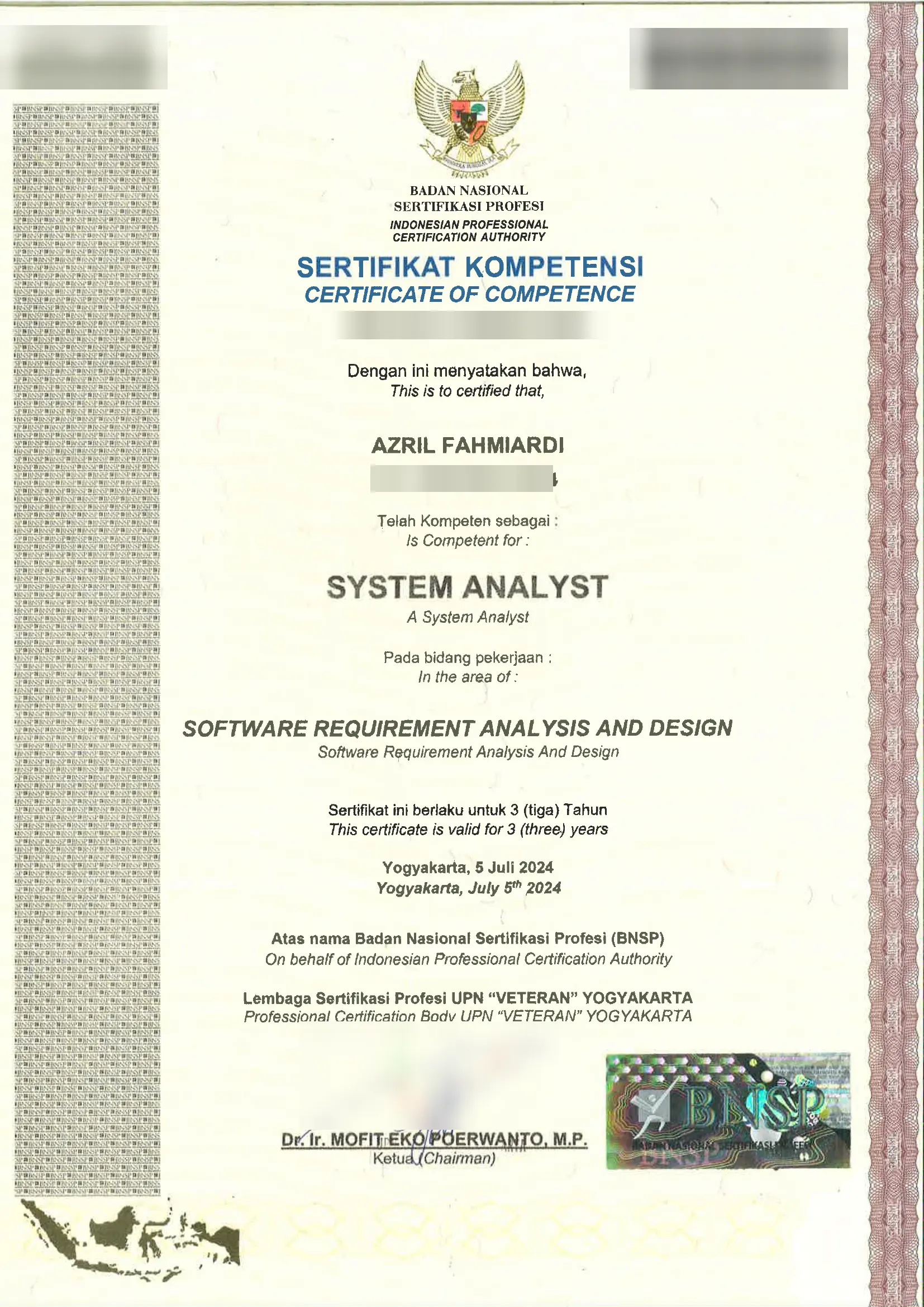 Azril's BNSP certificate of competence as a System Analyst, with its numbers blurred