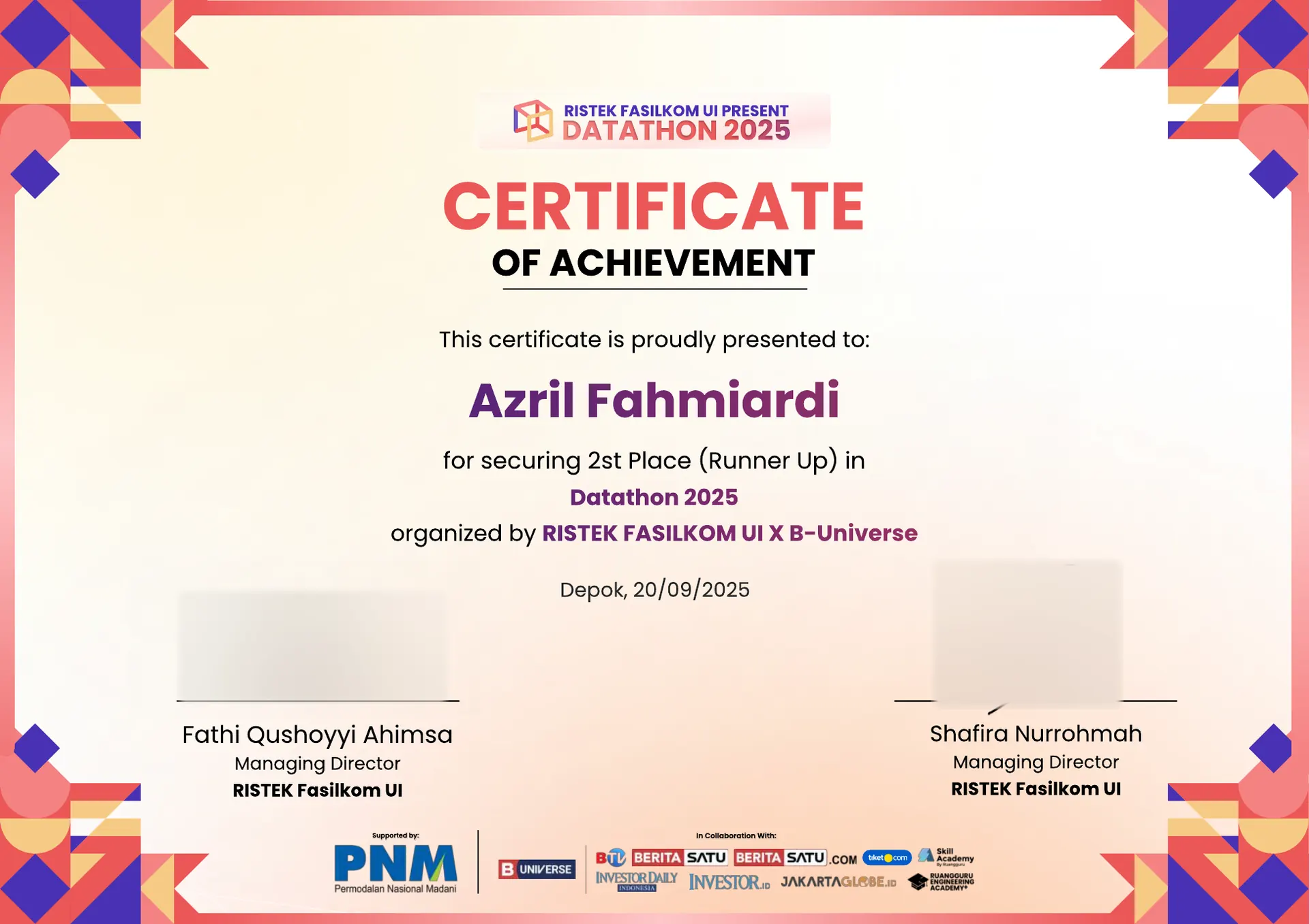Azril's Datathon 2025 certificate of achievement from RISTEK Fasilkom UI, its signatures blurred