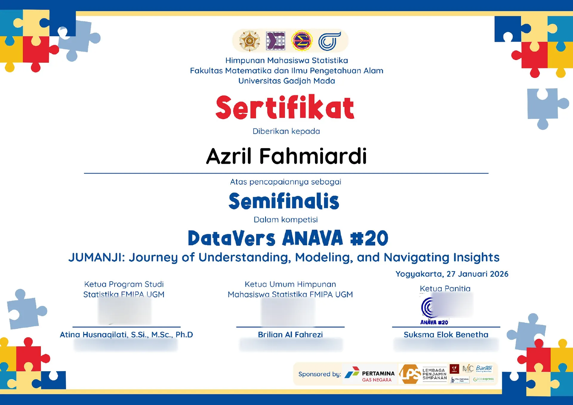 Azril's DataVers ANAVA #20 semifinalist certificate from HIMASTA FMIPA UGM, its numbers and signatures blurred