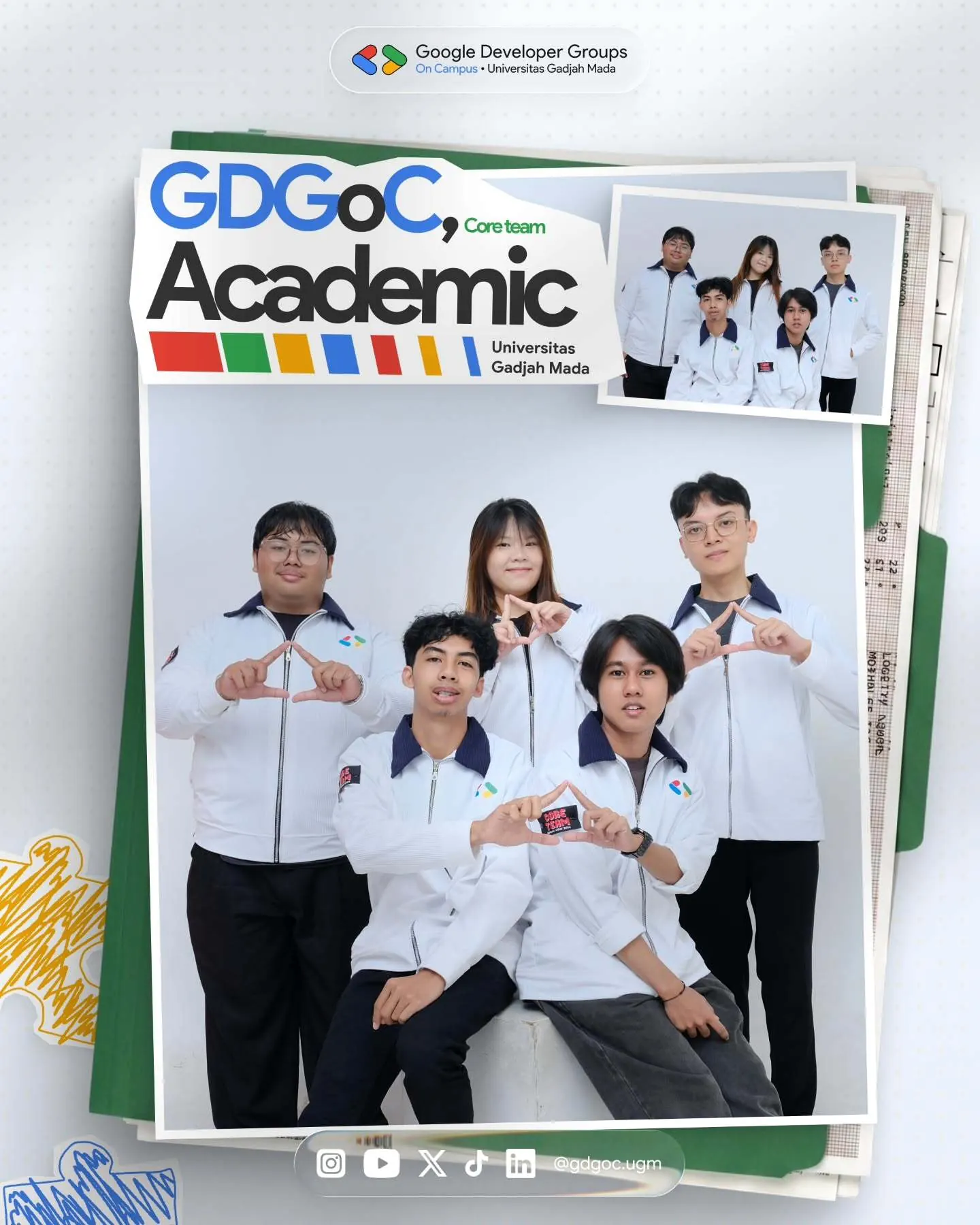 The GDGoC UGM Academic core team in white jackets, on the chapter's announcement poster