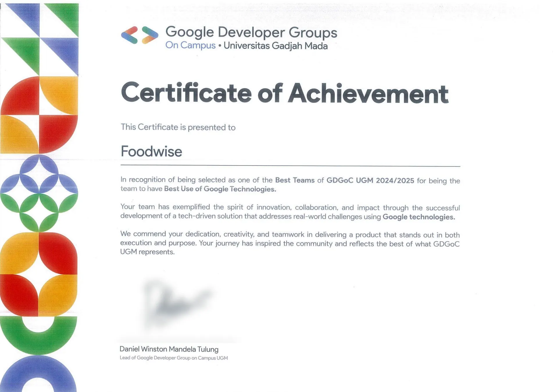 GDGoC UGM's certificate naming Foodwise one of the best teams of 2024/2025 for the best use of Google technologies, its signature blurred