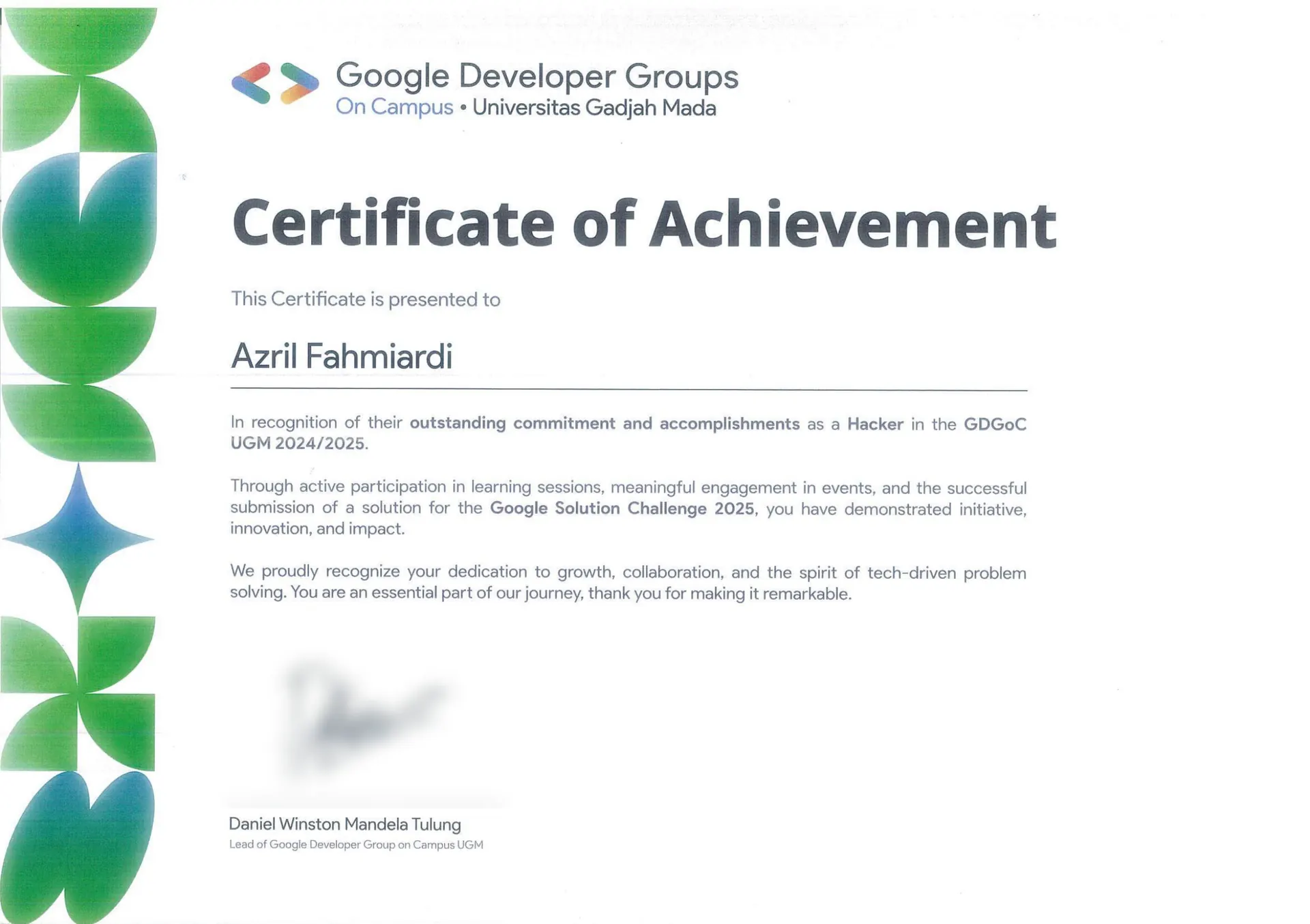 GDGoC UGM's certificate of achievement for Azril's commitment as a Hacker in 2024/2025, its signature blurred