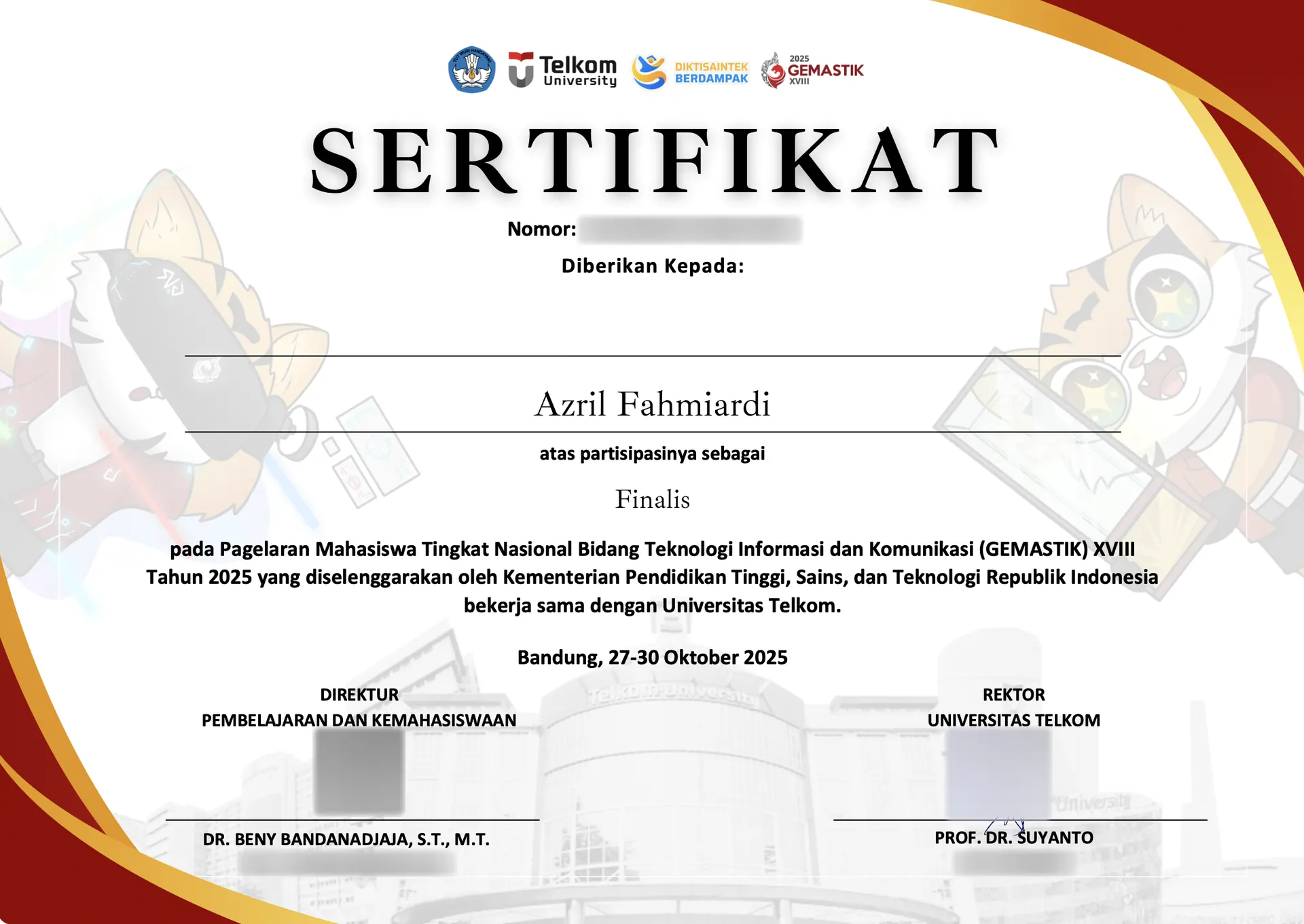 Azril's GEMASTIK XVIII 2025 finalist certificate from Kemendiktisaintek and Telkom University, its numbers and signatures blurred