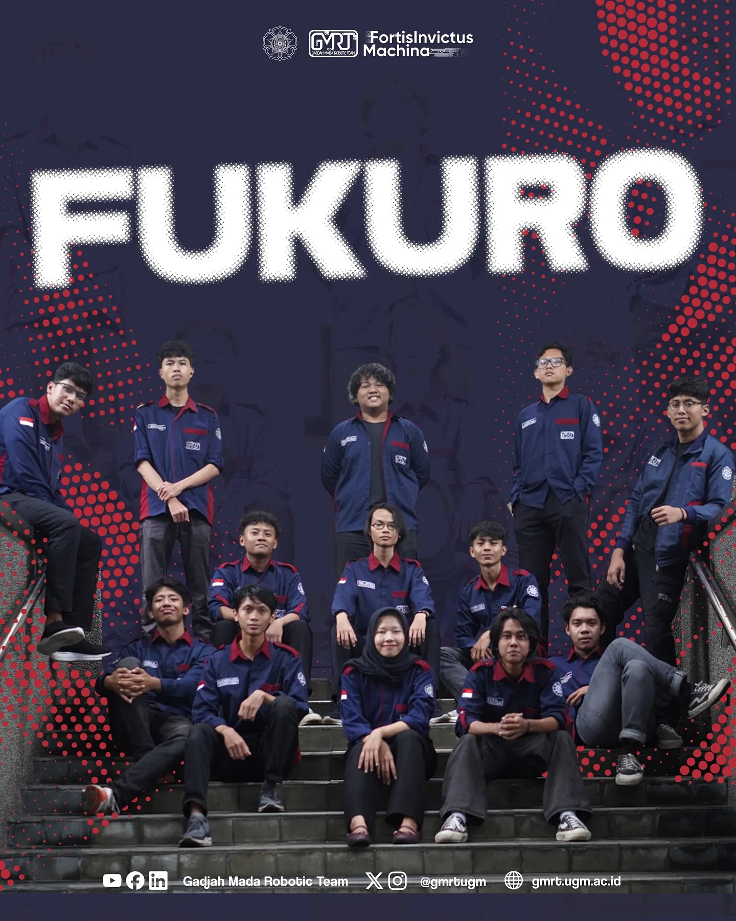 The Gadjah Mada Robotic Team Fukuro squad on a staircase in navy team shirts