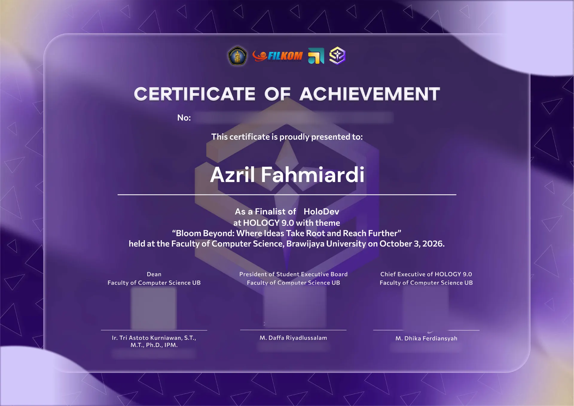 Azril's HOLOGY 9.0 HoloDev finalist certificate from Filkom Universitas Brawijaya, its numbers and signatures blurred