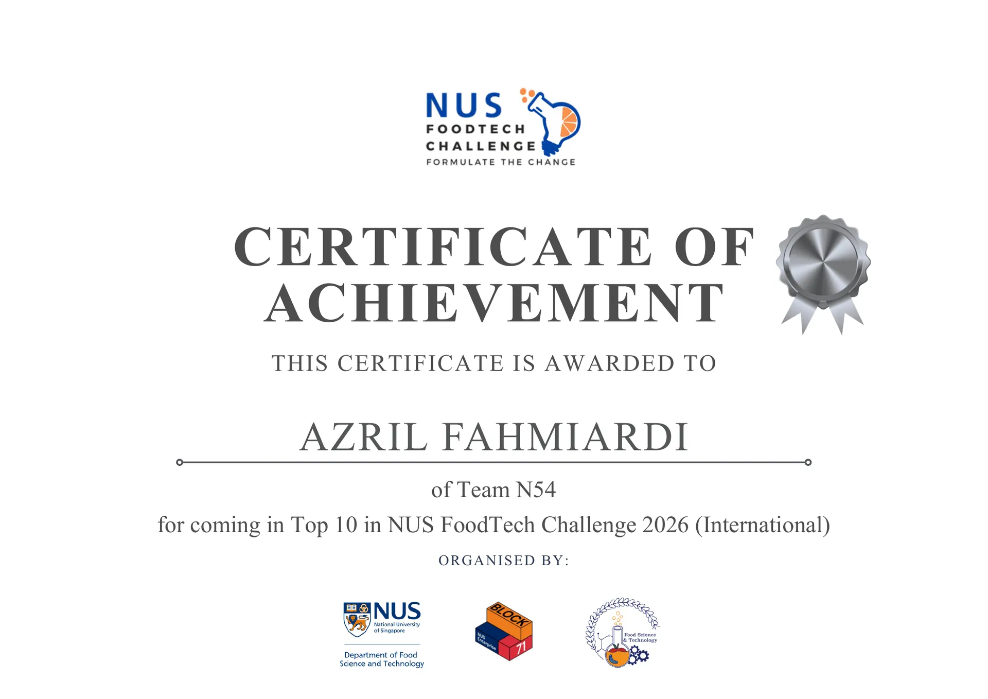 Azril's certificate of achievement for a top 10 finish in the NUS FoodTech Challenge 2026