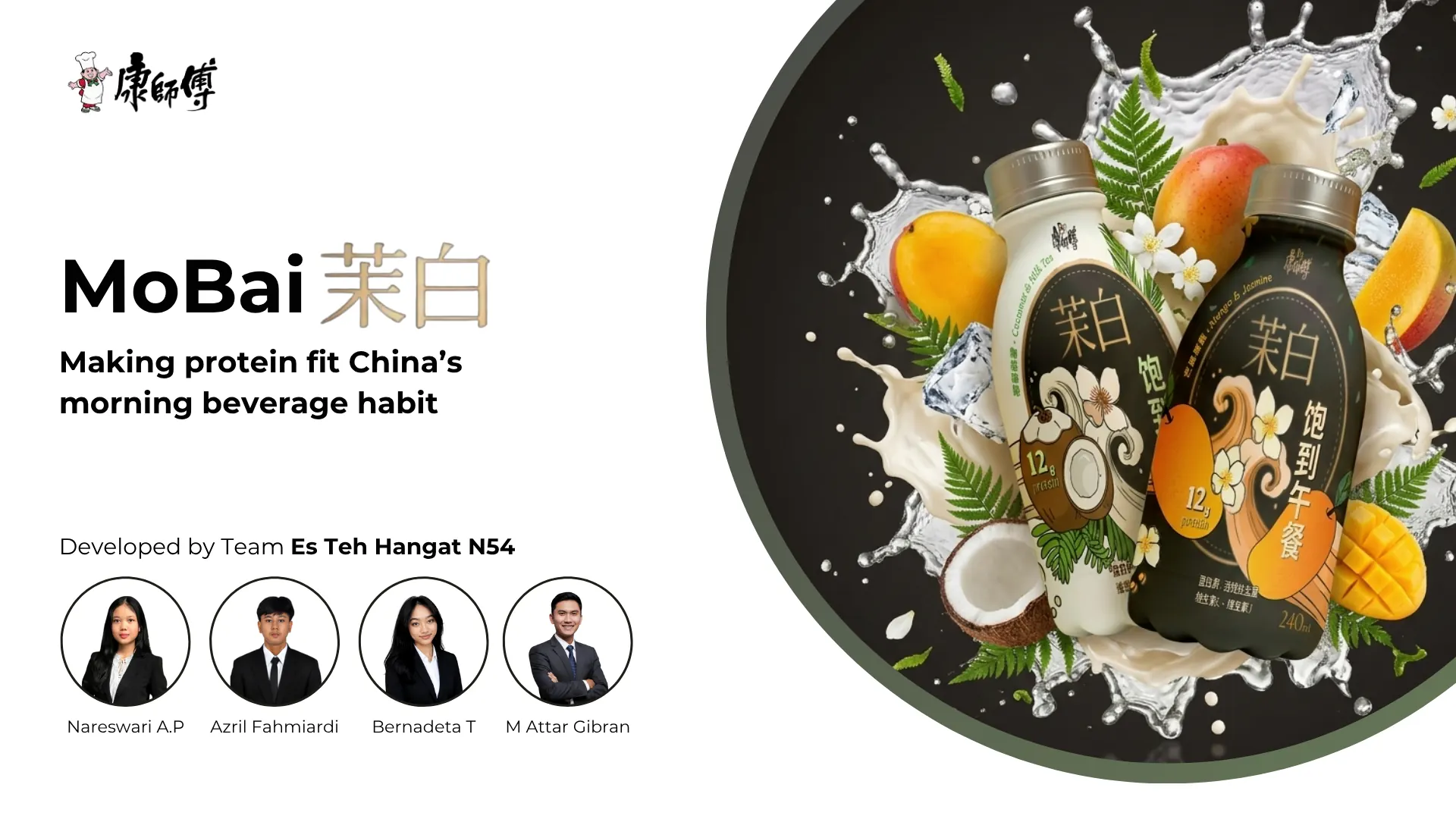 The title slide of MoBai, a protein milk tea for China's morning beverage habit, by Team Es Teh Hangat N54