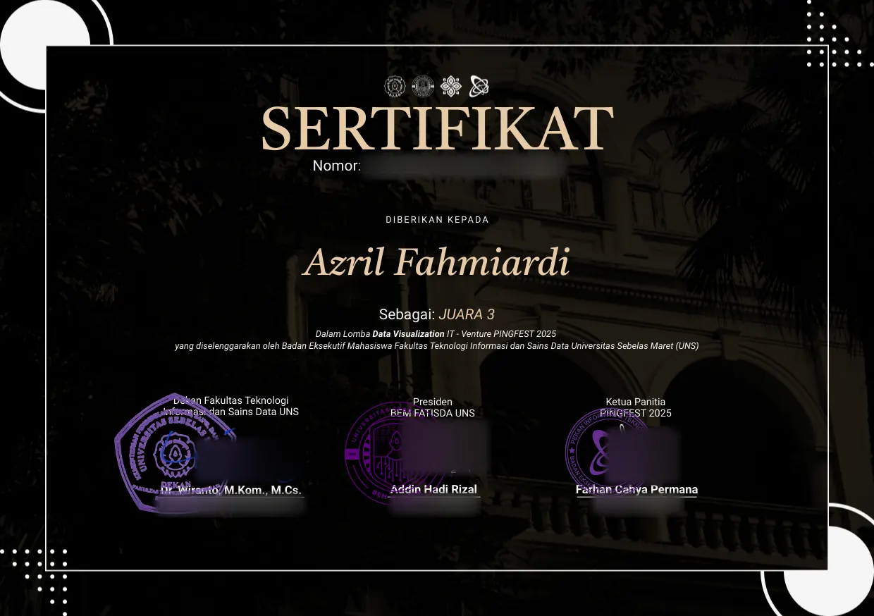 Azril's Juara 3 certificate in Data Visualization at Pingfest 2025, Universitas Sebelas Maret, its numbers and signatures blurred
