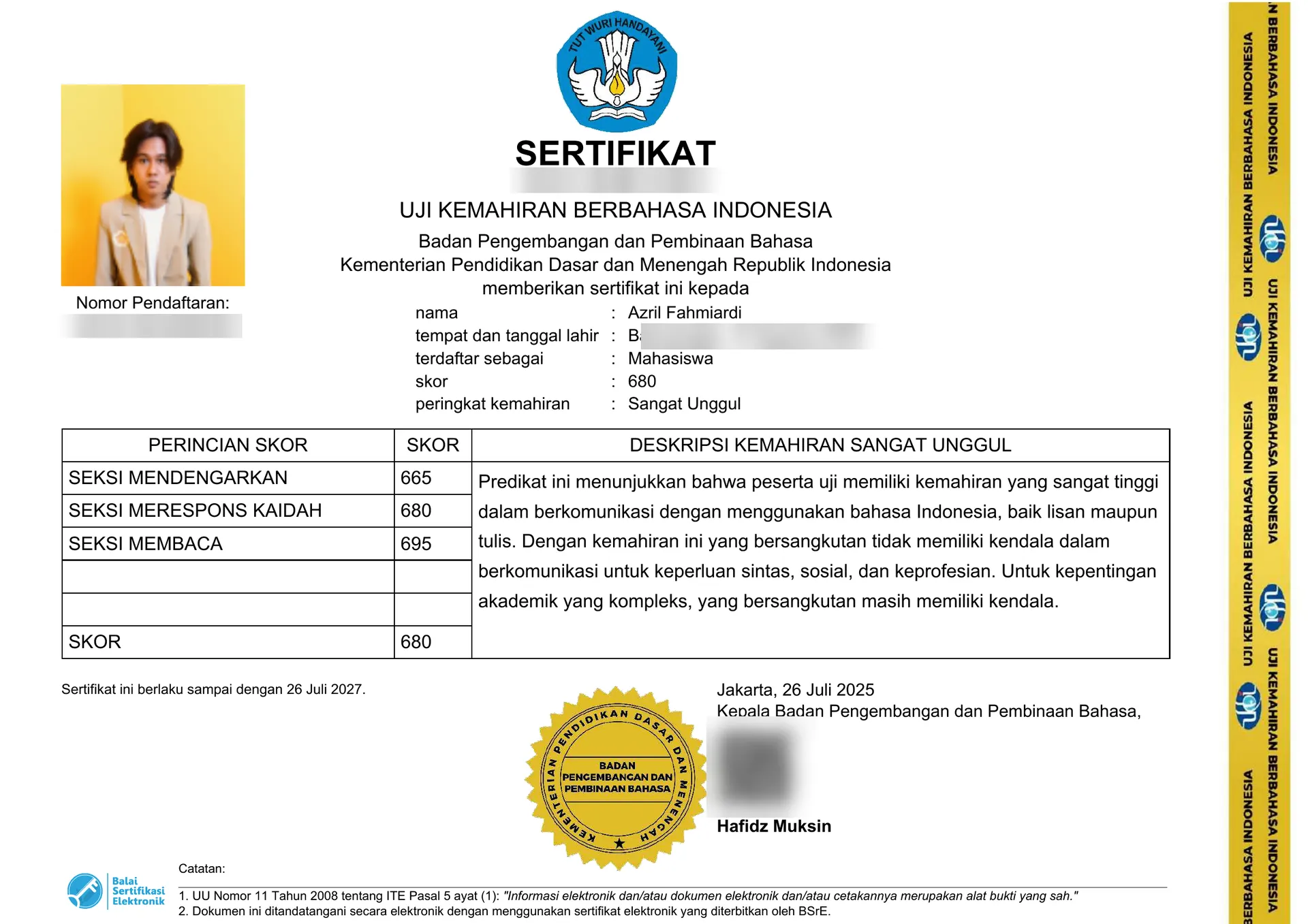 Azril's UKBI (Uji Kemahiran Berbahasa Indonesia) certificate with a score of 680, Sangat Unggul, its numbers, birth date and QR code blurred